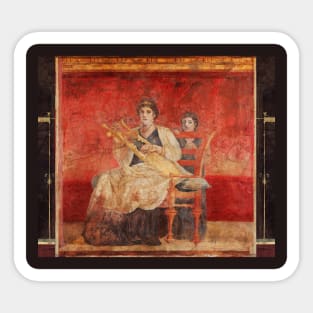 SEATED WOMAN PLAYING A LYRE POMPEII ANTIQUE ROMAN FRESCO IN RED Sticker